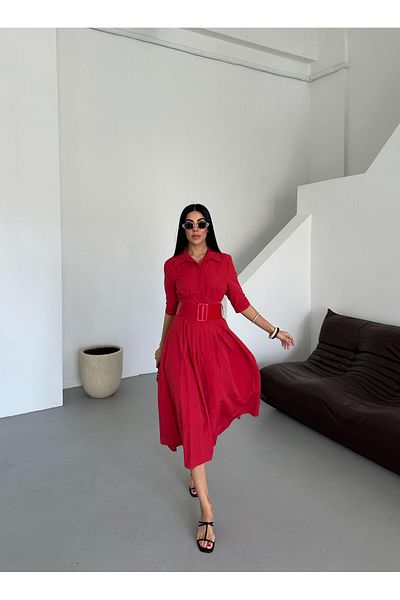 Appleline Red Lucy Fabric - Maxi Length, Half Sleeve and Belt Dress