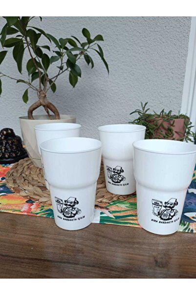 ESEMİZ Beyaz Dayanıklı Çok Kullanımlı Karikatürlü PP Bira Bardağı 4 Adet 480 ml
