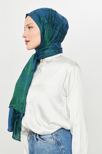 Scarf Πράσινο μπλε γυαλιστερό σάλι με λουλουδάτο μοτίβο ζακάρ