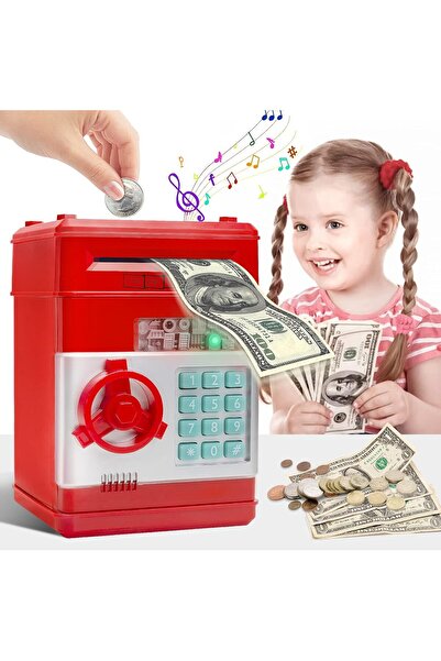 AWH حصالة نقود إلكترونية حمراء – خزنة نقود صراف آلي مع قفل وصندوق كبير لحفظ العملات المعدنية والنقدية