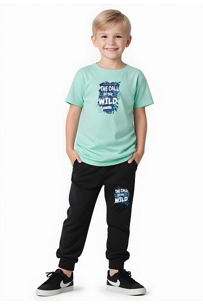 YA KO KİDS Wild Printed Boy's Short Sleeve Double Pocket Bottom-Top Set