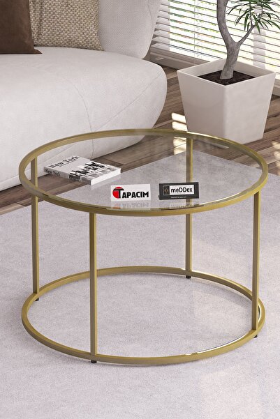 Tapacım Riga Şeffaf Temperli Cam , Gold Renk Tekli Orta Sehpa 70 Çap