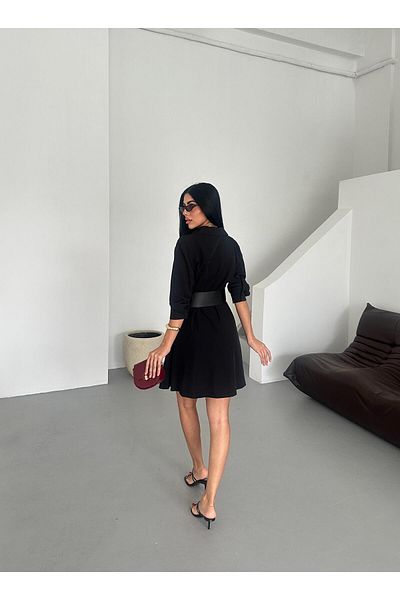 Appleline Lucy Fabric Midi Length Half Sleeve Belt Dress Black