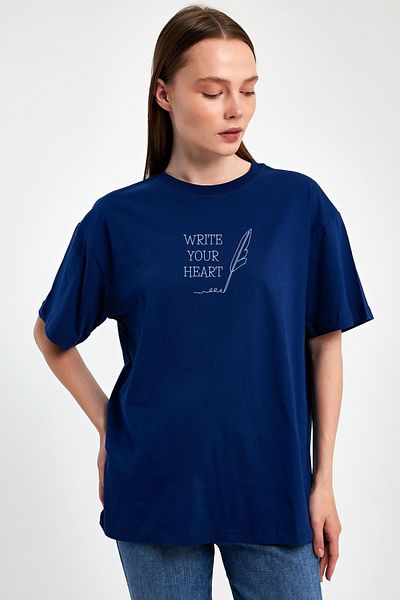 FİHA /2512-UNISEX OVERSIZE ΕΚΤΥΠΩΜΕΝΟ T-SHIRT ΜΕ ΣΤΡΟΓΓΥΛΟ ΛΑΙΜΟ - ΣΚΟΥΡΟ ΜΠΛΕ