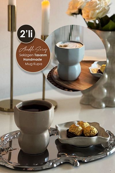 Anadolu Saray 2Pcs Ceramic Beige Handmade Mug - Octagonal Design Cup