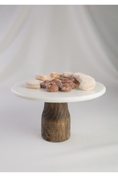 MERALP حامل عرض رخامي بيضاوي - ساق خشبية، وعرض كيك، وطبق تقديم