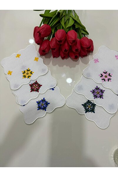 İNCİ ÇEYİZ 6 Adet Keten Kumaş Üzeri İğne Oyası Desenli  Kahve Yanı Kokteyl Pe...