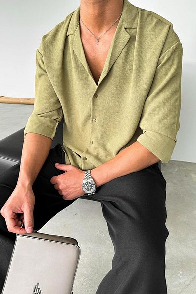 HAFKAGİYİM Πουκάμισο με χακί υφή με ραβδώσεις Basic Oversize
