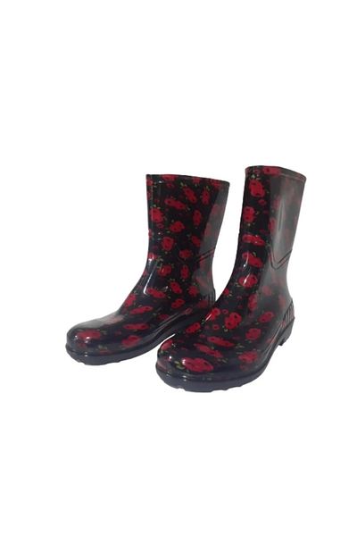 Emek Women's Black-Red Floral 23 cm Short Garden Rain Boots Emkk809-42