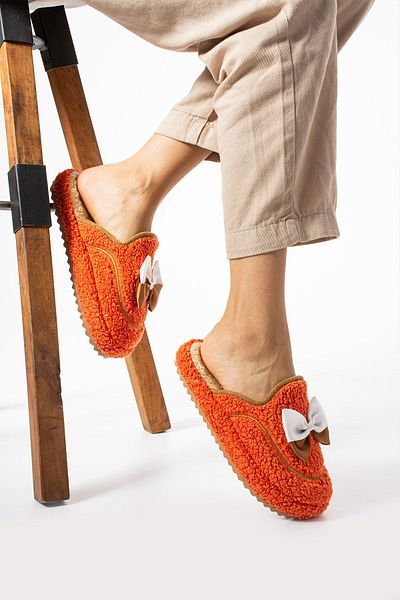 Aybors Women's Winter Slippers with Orange Bow Tie