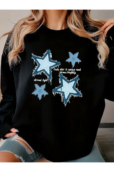 PALPİTO Women's Black Light Star Printed Crew Neck Oversize Sweatshirt