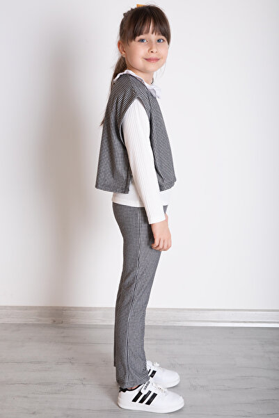 Cansın Mini Black Plaid Patterned Sweater and Trousers for Girls 3-Piece Set 20371