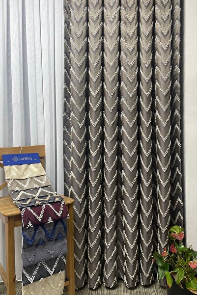 Cortibo Verona Patterned Background Curtain Stone - Pleated Free