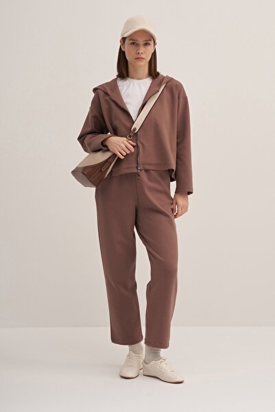 EBU Prive Kadın Çelik Örme Kapüşonlu Kısa Sweat Kahve