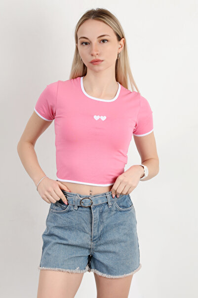GİYSA Γυναικείο μπλουζάκι με ροζ U-λαιμόκοψη καρδιά - 925055
