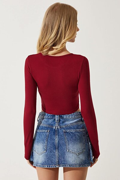 TENA Women's Burgundy Long Sleeve Collar Elastic Crop Blouse