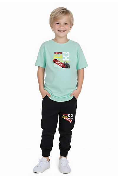YA KO KİDS 52 Printed Boy's Short Sleeve Double Pocket Bottom-Top Suit