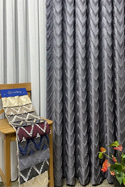 Cortibo Verona Patterned - 3 to 1 Close Pleated Gray Background Curtain