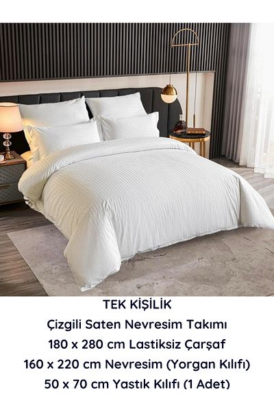 Semay Tekstil Single White Color Striped Micro Satin Fabric Duvet Cover Set