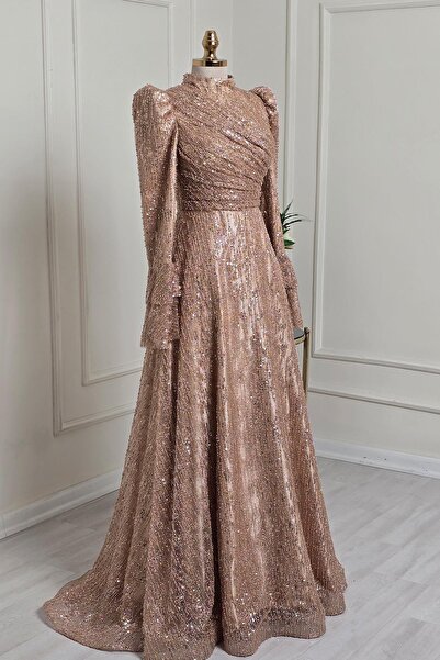 Yonca Moda Evi Gold Kol Fırfırlı Abiye 9036