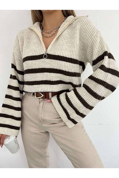 la & vetta Brown Zippered Oversize Knitwear Sweater