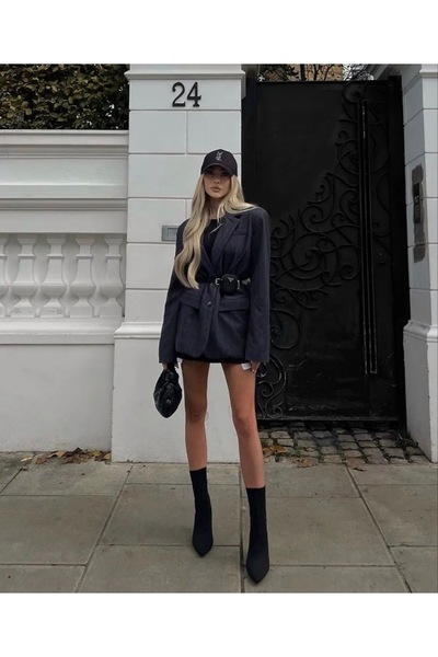 MYVOLANTE Siyah Dalgıç Kumaş Kadın Streç Bilekte Topuklu Bot