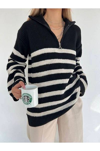 la & vetta Black Zippered Oversize Knitwear Sweater