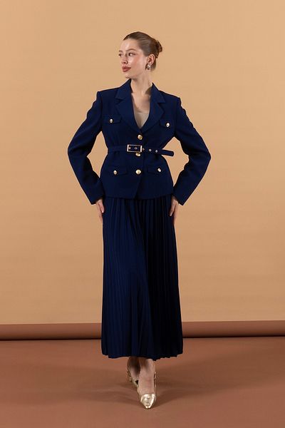 Stilife Indigo Pleated Skirt and Jacket Set