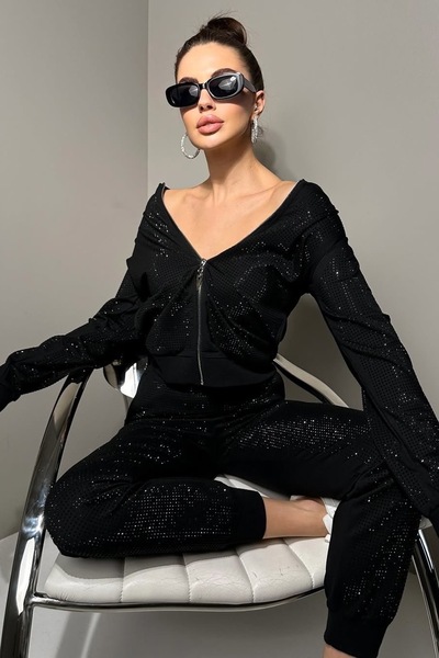 RICH GLAM Μαύρη κρυστάλλινη πέτρα Βαμβακερή μακρυμάνικη φερμουάρ Γυναικεία ΣΕΤ