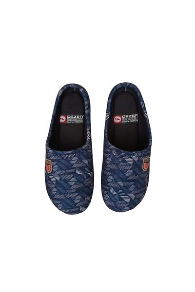 GEZER Men's Navy Blue-Grey Line Patterned Orthopedic Sole Indoor Daily Slippers