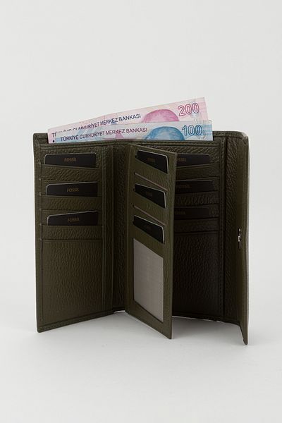 Fossil Boxed Genuine Leather Khaki Medium Size Multi-Compartment Women's Hand Portfolio Card Holder Wallet