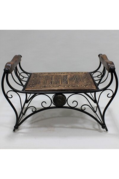 Otantik Çarşı Eskitme Ahşap Ferforje Puf Tabure 64x31x43 Cm.