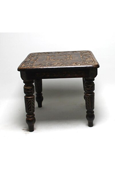Otantik Çarşı Eskitme Ahşap Oymalı Kare Sehpa 44x44x40 cm. KNA285-2