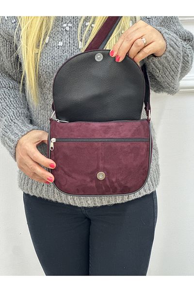 Deribag Geantă de umăr pentru femei cu curea încrucișată din piele de căprioară autentică de culoare burgundă - 21*20*7 cm