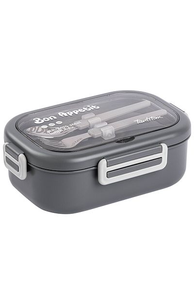 Tantitoni Tantony Grey Stainless Steel 2-Layer Food Carriage Container with Fork and Spoon 1.65L