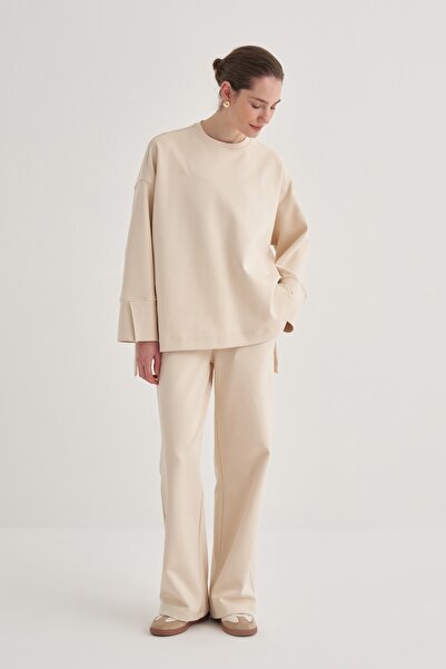 EBU Prive Beige Women's Steel Knitted Palazzo Trousers