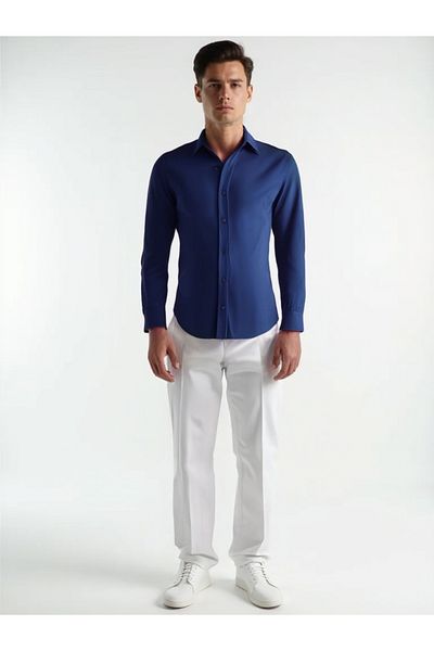 Todth 2 Pack Easy-Iron Four Seasons Modern Fit Soft Texture White and Navy Blue Solid Shirts