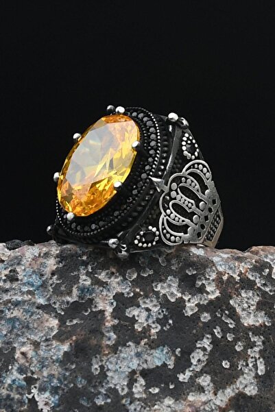 Prestige Kral Taç Motifli 925 Ayar Gümüş Erkek Yüzüğü Sitrin Taşlı Zirkon Taş...