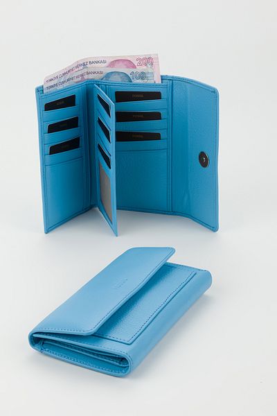 Fossil Boxed Genuine Leather Sky Blue Medium Size Multi-Compartment Women's Hand Portfolio Card Holder Wallet