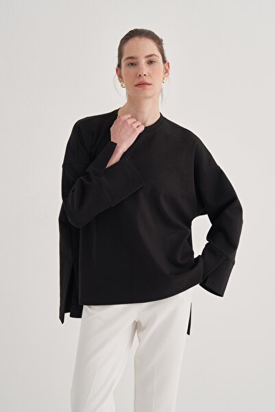 EBU Prive Γυναικεία πλεκτή μπλούζα από ατσάλι με λεπτομέρεια στο μανίκι μαύρο