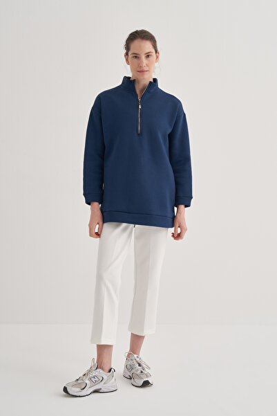 EBU Prive Women's Half Zipper Raised Sweat Navy Blue