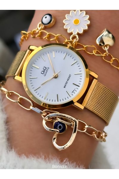 Q&Q Brand Yellow Color Mesh Steel Band Women Wristwatch Hearted Bracelet