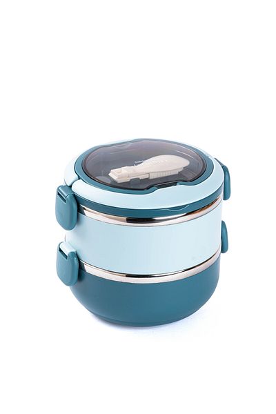 Tantitoni Tanttony Blue Stainless Steel Round 2 Layer Fork and Spooned Food Carriage Container 850ml