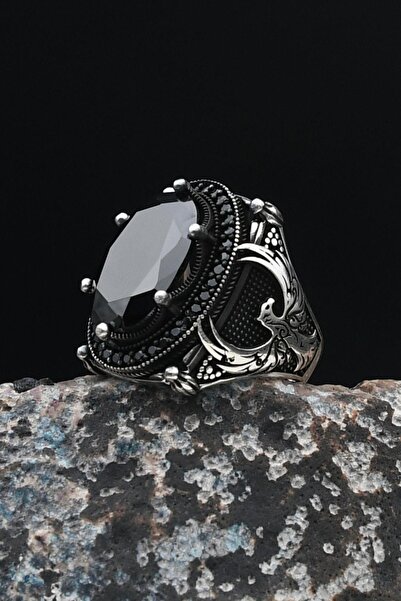 Prestige Anka Kuşu Figürlü 925 Ayar Gümüş Erkek Yüzük Siyah Zirkon Taşlı 901494