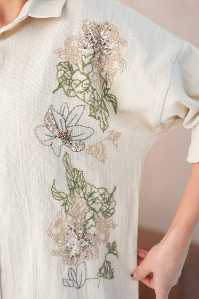 MVStore Women's Sequin Embroidery Stone Embroidered Flam Linen Shirt and Pants Set