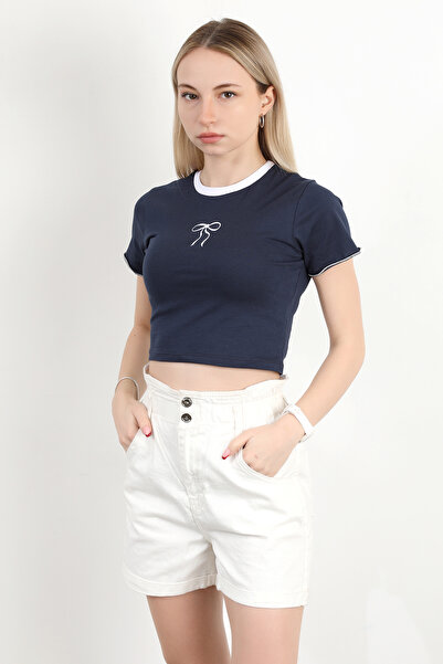 GİYSA Tricou de damă cu decolteu cu fundă brodat bleumarin - 925052