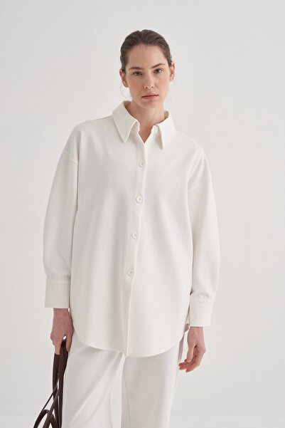 EBU Prive Βασικό γυναικείο πουκάμισο εκρού - Ατσάλινο πλεκτό