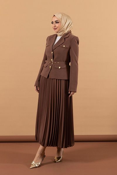 Stilife Pleated Skirt and Brown Jacket Set