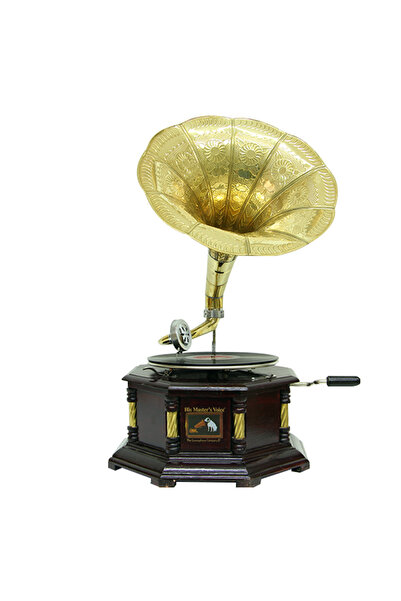 Otantik Çarşı Ahşap Sekizgen Gramofon Sarı Metal Süslemeli 523