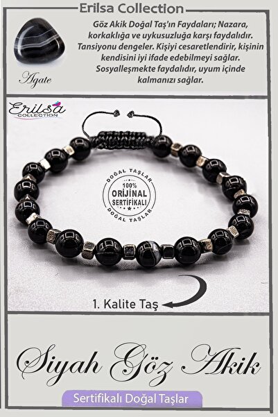 Erilsa Sertifikalı AAA+ Kalite Gerçek Terahertz - Siyah Göz Akik Taşı Bileklik